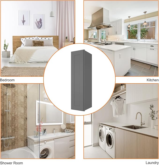 ROOMTEC Wood Wall Cabinet,RTA Single Door Medicine Cabinet with Adjustable Shelves and Soft-Close Door for Kitchen, Bathroom, and Laundry. 12" D*9" W*42" H, Shaker Grey