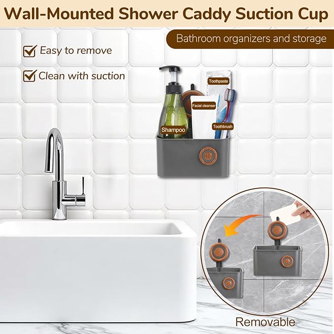 Shower Caddy Suction Cup, Removable Waterproof Bathroom Organizer Shower Shelf with Drainage, Suction Plastic Storage for Inside Shower, Shampoo, Bathroom Accessories Holder, Gray (Mahogany-S)