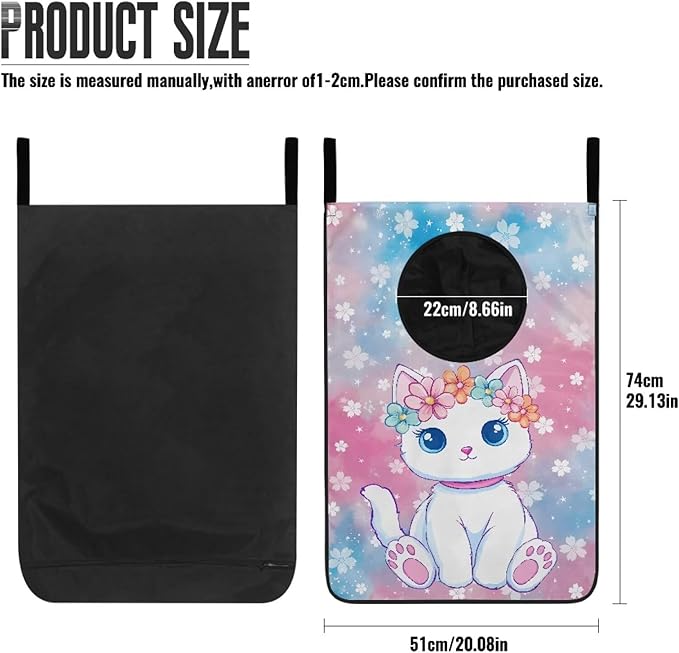 ZOUTAIRONG Cute White Cat Print Hanging Laundry Bag Over The Door Laundry Hamper Clothes Basket for Closet Toys Storage Organizers Home Bedroom Space Saving Hampers