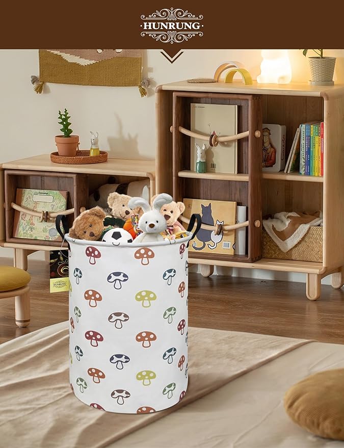 HUNRUNG Laundry Hamper,Large Canvas Fabric Lightweight Storage Basket Toy Organizer Dirty Clothes Collapsible Waterproof for College Dorms(Round-Color Mushroom)