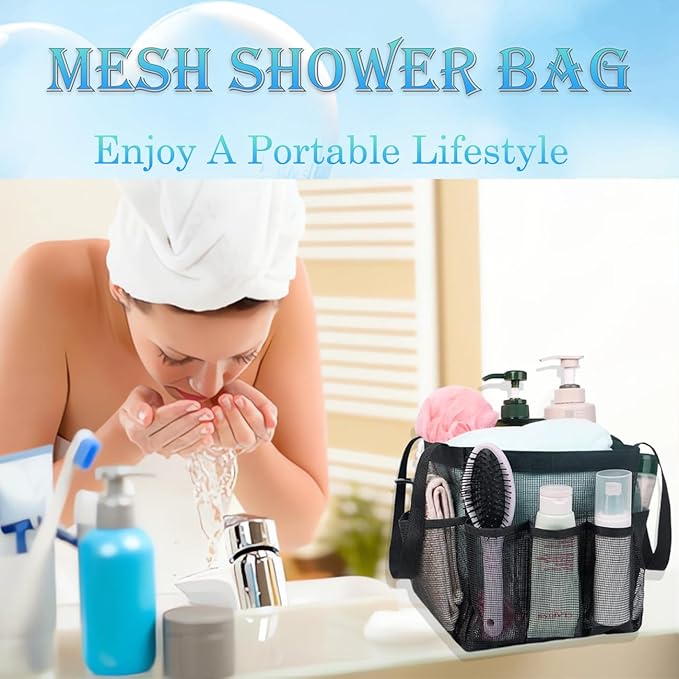 Mesh Shower Caddy Portable for College Dorm Room Essentials, 8-Pocket Large Capacity Shower Tote Toiletry Bag Basket, Quick Dry Hanging Organizer for Bathroom, Gym, Camp, Travel, Cruise, Beach