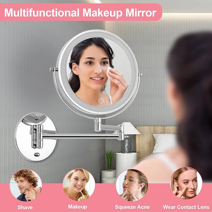 8" LED Wall Mounted Makeup Mirror, 1X/10X Magnifying Vanity Mirror with 3 Color Modes, 2000mAh Rechargeable 360° Swivel Extendable Arm, Polished Chrome for Bathroom Makeup, Shaving, Skincare