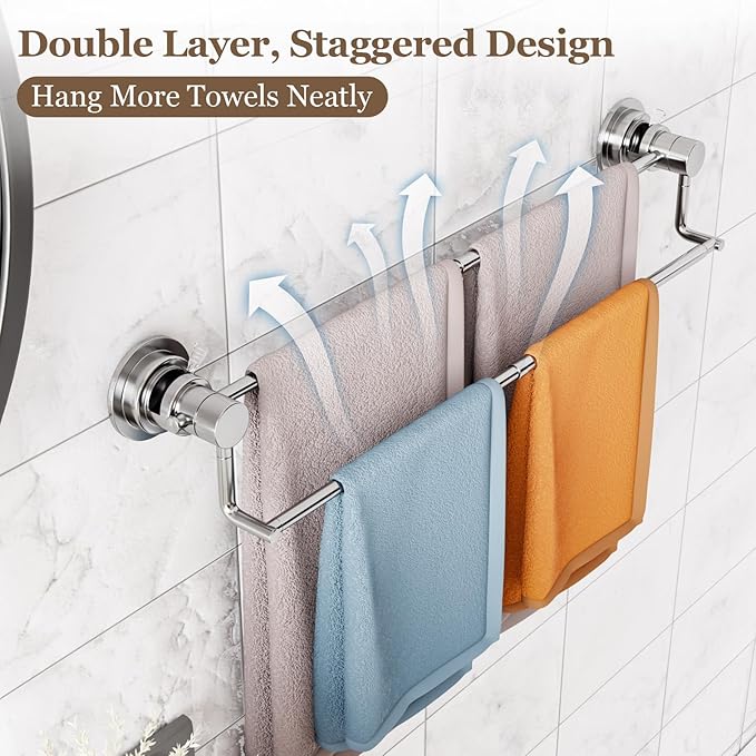 Suction Cup Double Towel Bar Adjustable 13"-25", Bath Sheet Rack Stainless Steel for Glass Shower, Powerful Vacuum Towel Holder for Bathroom, Kitchen, RV, and Renters