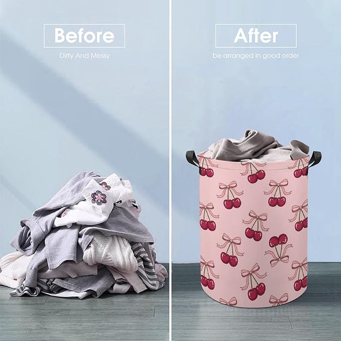 Pink Laundry Basket Cherry Decor Bow Laundry Hamper Clothes Toy Storage Bin for Bedroom Bathroom