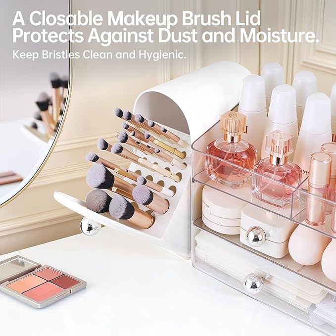 Makeup Organizer with Brush Holder, Large Cosmetic Storage with 2 Drawers, Skincare Organizer for Bathroom Countertop, Vanity Organizer for Lipstick, Perfume, Nail Polish, Beauty Gifts (White)