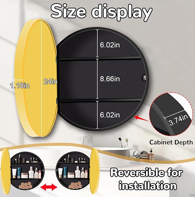 24 in Round Gold Medicine Cabinet with Mirror,Modern Bathroom Medicine Cabinet for Wall Metal Framed, Surface Mount Only Circular Storage Cabinet Shatterproof with Vanity Mirror