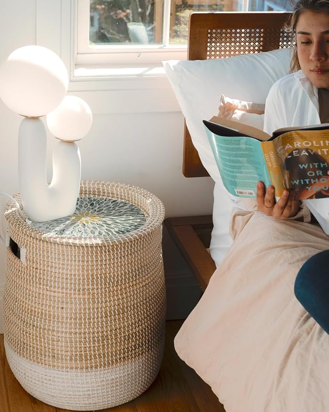Laundry Hamper(2 Pices) with Lid Handles 14.96Gal & 7.43Gal Seagrass Laundry Hamper Round Decorative Basket Handwoven Rattan Storage Basket with Removable Liner for LivingRoom Bedroom Bathroom