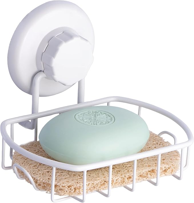 HASKO Suction Cup Soap Dish for Shower Wall, Rustproof Stainless Steel, Shower Soap Holder with Hooks for Bathroom, Includes Optional No Drill Adhesive Mount and Soap Saver, White