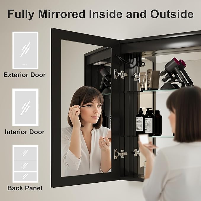 Buruis 16 x 24 Inch Medicine Cabinet with LED Lights and Mirror, Recessed/Wall Mounted Bathroom Cabinet, 3-Color Light, Defogger, Memory Function, Outlet & USB, Dimmer, Black