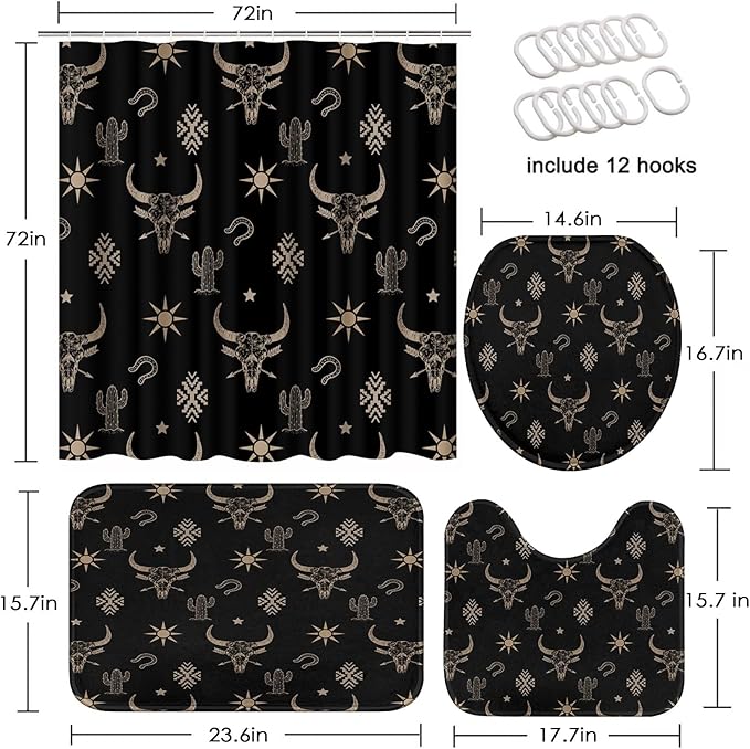 Western Cow Skull Shower Curtain Set with Toilet Lid Cover and Non-Slip Rugs, Black Gold Western 4 Pcs Shower Curtain with 12 Hooks, Cactus Farmhouse Bathroom Set with Rugs and Accessories