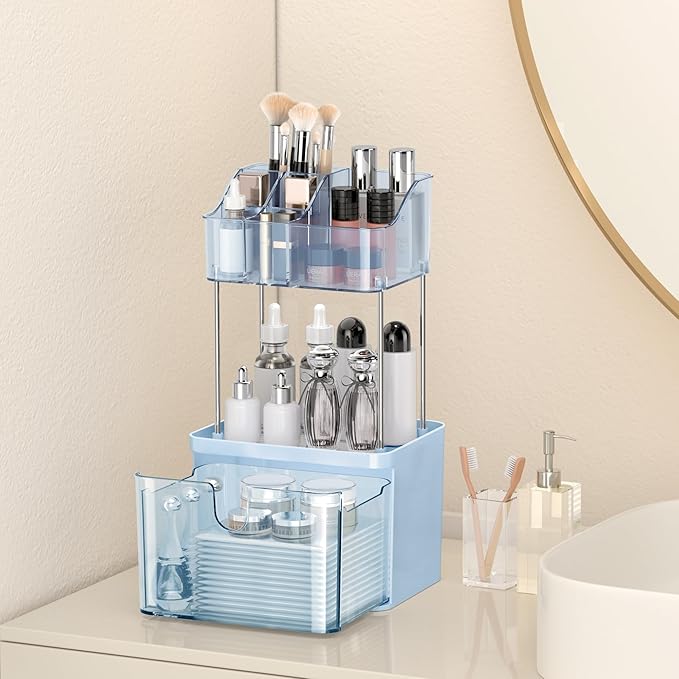 Small Bathroom Counter Organizer - 3 Tier Makeup Organizer Countertop - Multi-Purpose Skin Care with Drawer for Vanity, Cosmetic Counter Organizer (Blue)
