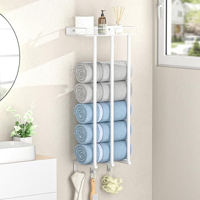 Ovicar Towel Racks for Bathroom - Wall Mounted Rolled Towels Storage with Metal Shelf & 3 Hooks,3 Bars Wall Towel Holder for Small Bathroom, Bath Towel Organizer White