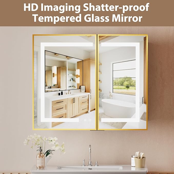 LOVMOR Led Medicine Cabinet with Mirror, Bathroom Vanity Mirror Cabinet with Shelves, 3-Color Lights Dimmer, Gold 32" H x 40" W