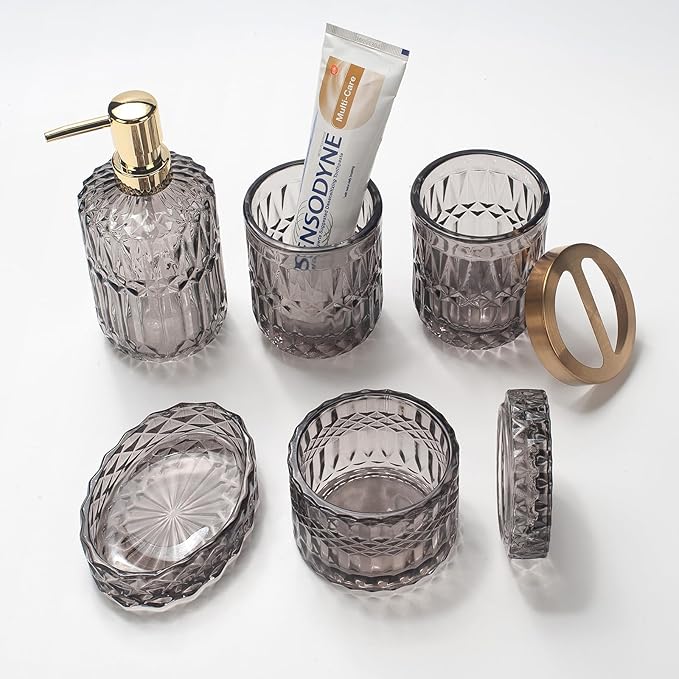 IVAILEX 5PCS Grey Glass Bathroom Accessories Sets of Lotion Dispenser, Soap Dish, Toothbrush Holder, Tumbler, Cotton Swab Jars, Modern Bath Decor, Vintage Gift