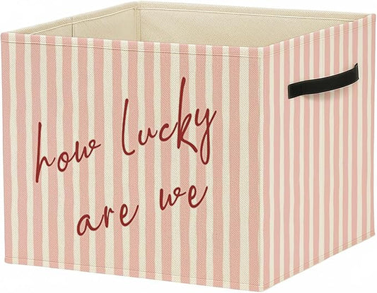 Pink Preppy Inspirational Storage Bin Box with Handles, How Lucky Are We Trendy Striped Foldable Baskets Organizer for Girls Bedroom Bathroom Clothes Toys Books, Toybox for Girls
