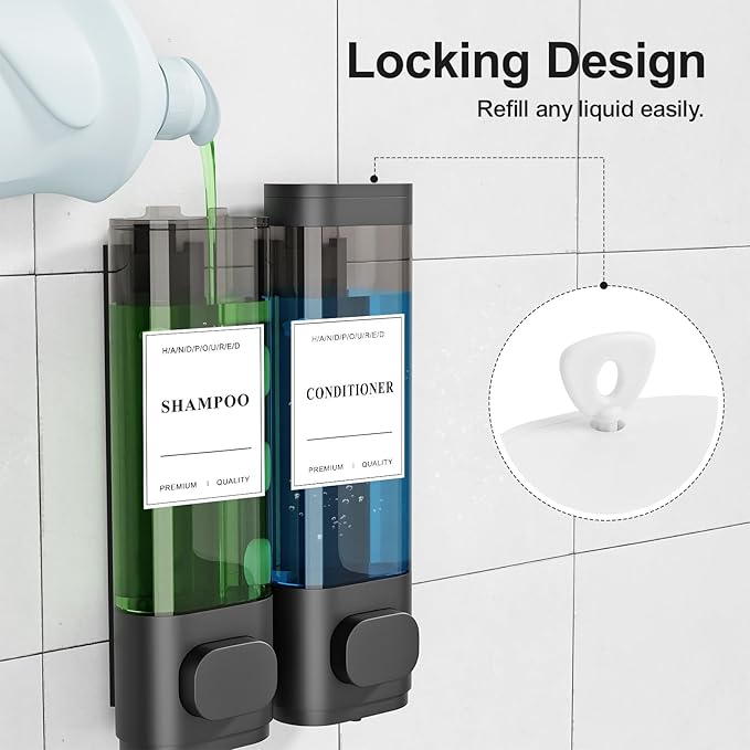 Shampoo and Conditioner Dispenser – Wall-Mounted Shower Soap Dispenser, No-Drill Installation, Lockable, 900 ml Capacity,for Bathroom & Hotel or Airbnb (Black, 2-Pack)