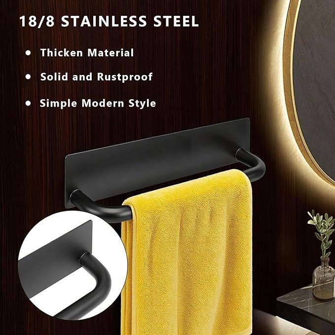 Stainless Steel Adhesive Towel Holder - Peel and Stick, No Drill Waterproof Hand Towel Rack for Bathroom, Kitchen - Self-Adhesive Command Strip, Durable and Easy to Install, 9 Inch Black