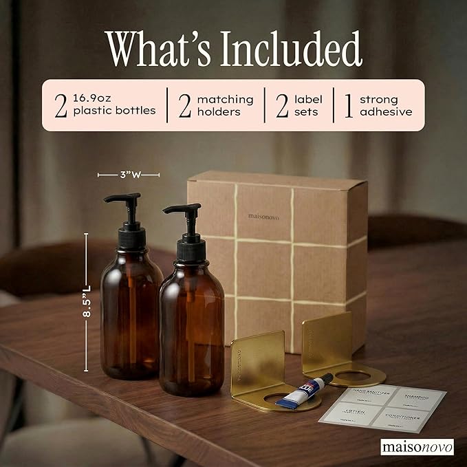 Shampoo and Conditioner Dispenser Wall Mounted Set of 2 Amber Gold - No Drill Shower Soap Dispenser for Bathroom Refillable - Spa Hotel Style Accessories by MaisoNovo