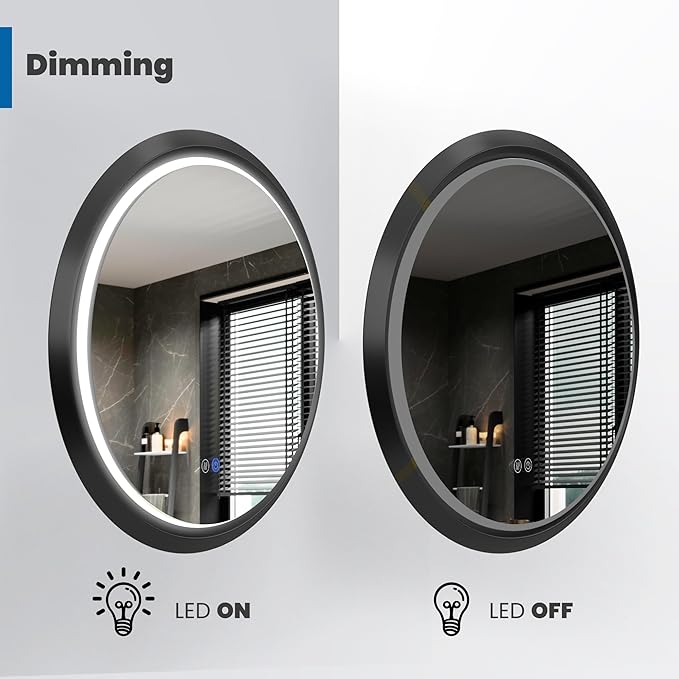 36 Inch Round LED Mirror for Bathroom, Black Metal Frame Lighted Vanity Mirror with 3 Color Modes, Touch Dimmer - Anti-Fog Wall Mounted Circle Mirror with Lights - Fab Glass and Mirror