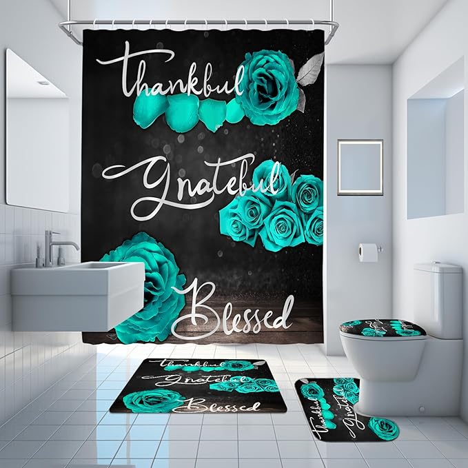 Onalasyc 4Pcs Green Rose Shower Curtain Set with Rugs Waterproof Bathroom Sets with Shower Curtain and Rugs Romantic Rose Floral, Thankful Grateful Blessed Bathroom Curtains Shower Set,with 12 Hooks