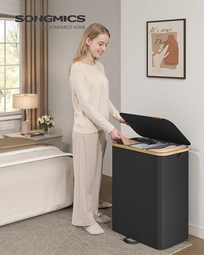 SONGMICS Laundry Hamper, Laundry Sorter with Lid, Storage Basket Bin, Removable Liners, Bamboo Frame, for Bedroom, 3 Sections, 44.9 Gal. (170 L), Ink Black ULCB533BH01