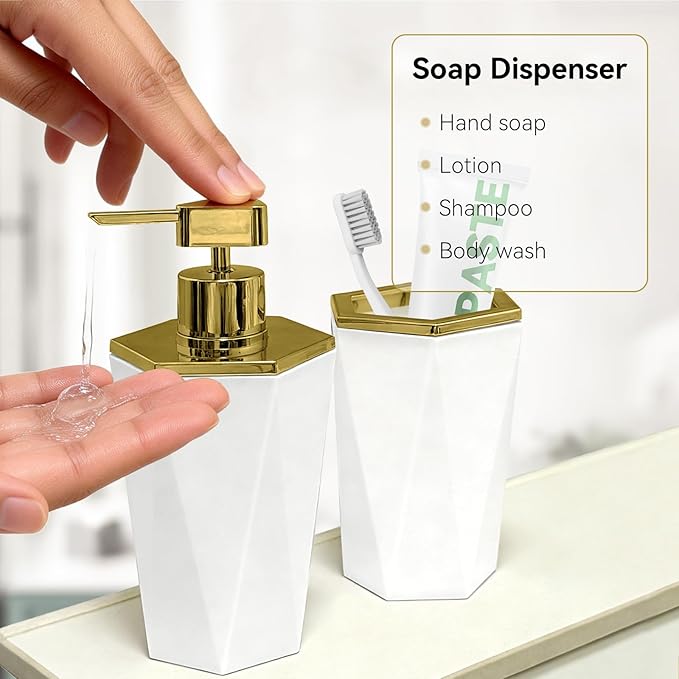 2 PCS White and Gold Bathroom Accessories Set, Bathroom Accessories Include Soap Dispenser and Toothbrush Holder, Morden Bathroom Décor, Bathroom Sets Accessories