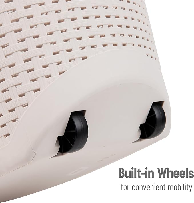 Mind Reader 60L Rolling Laundry Hamper, Clothes Basket, Wheels, Wicker Style, Plastic, 19.5"L x 14.75"W x 29.25"H, Ivory