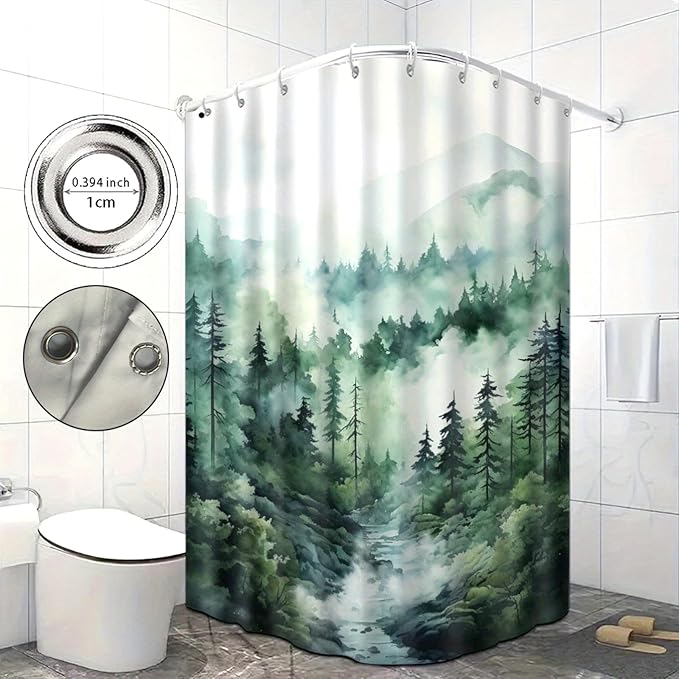 Dreamrflove Forest Mountain Shower Curtain DarkGreen Nature Misty Pine Rustic Bathroom Decorative Tree Bathroom Decor 72x72 Inch Waterproof Polyester