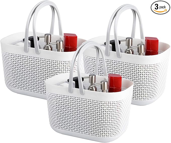 UUJOLY Plastic Storage Baskets with Handle Shower Caddy Organizer Bins for Home Bathroom Kitchen (3 Pack-White)