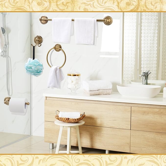 4 Pcs Antique Brass Gold Bathroom Accessories Set Wall-Mounted Adjustable Towel Rack & Round Towel Ring & Toilet Paper Holder & Robe Hook, Wall Mounted Brass Vintage Bath Hardware Set
