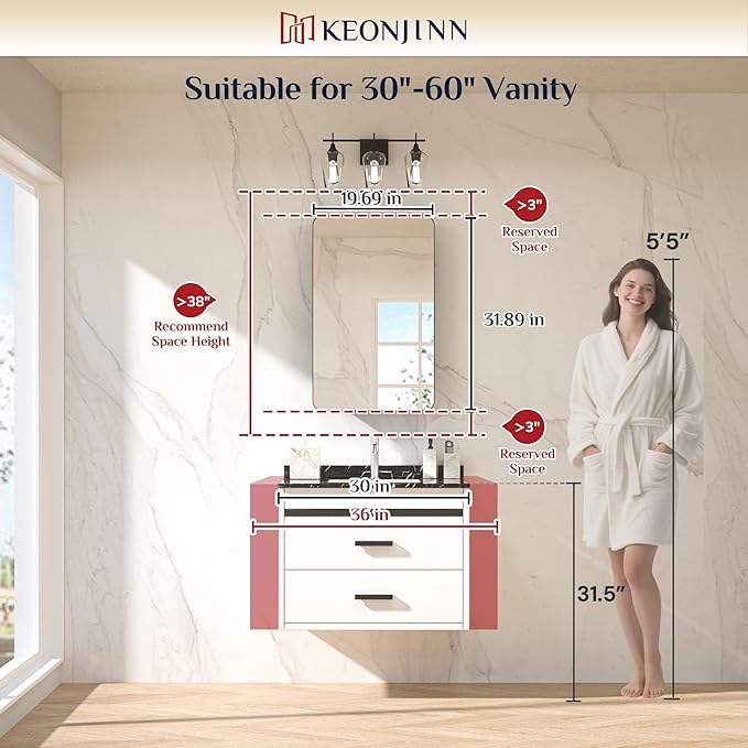 Keonjinn 20 x 32 Inch Black Mirrored Medicine Cabinet, Recessed Medicine Cabinets for Bathroom, Black Stainless Steel Framed, Stepless Adjustable Shelves, in Wall or Surface Mount, Sturdy & Heavy