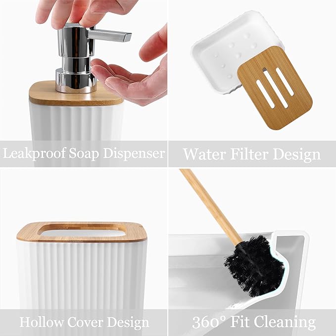 XLHOMO Bathroom Accessory Set, 9-Piece White Bathroom Set with Trash Can, Tray, Soap Dispenser, Toothbrush Holder, Toothbrush Cup, Soap Dish, Toilet Brush and Q-tip Holders for Bathroom/Housewarming