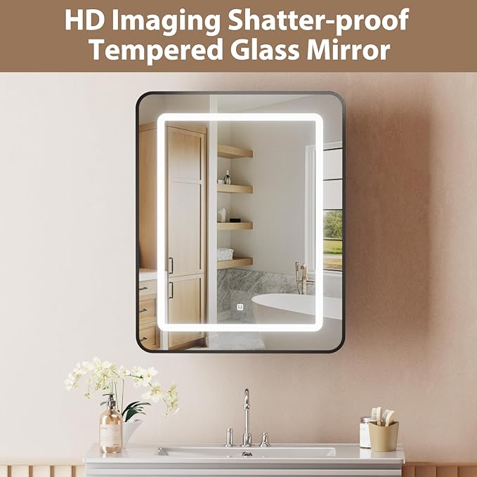 LOVMOR Led Medicine Cabinet with Mirror, Bathroom Vanity Mirror Cabinet with Shelves, 3-Color Lights Dimmer, Black 24" H x 16" W