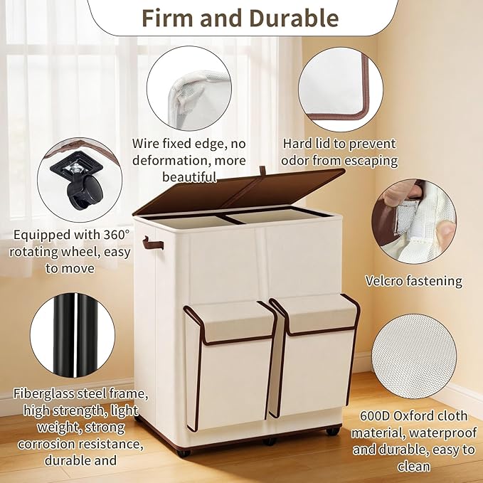 180L Large Dual Laundry Hamper With Lid And Wheels, Big Rolling Laundry Basket 2 Section Dirty Clothes Basket With 2 Side Pockets, Laundry Hanper With 2 Removable Bag For Laundry Room, Bedroom (White)