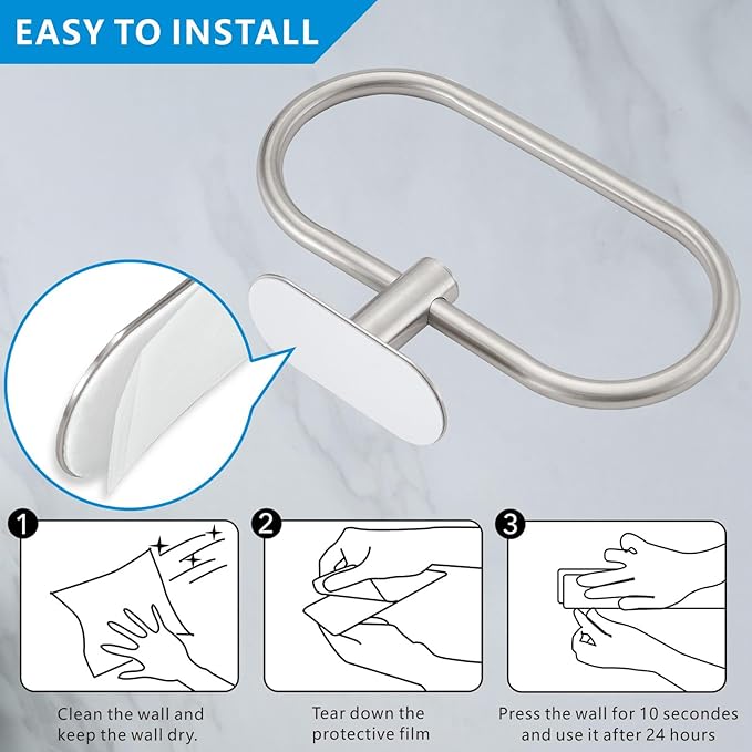 Towel Bar/Bath Towel Ring, Self Adhesive Hand Towel Ring for Bathroom, Stainless Steel Sticky Hand Towel Holder, No Drilling Modern Round Towel Hanger Wall Mounted (Brushed Nickel)