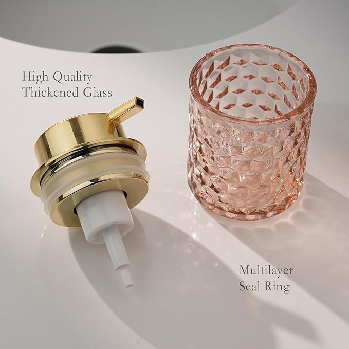 CICUFY Hand Soap Dispenser Glass, Refillable Liquid Dispenser for Bathroom & Kitchen,Lotion Dispenser with Large Gold Pump（Diamond Pattern-Pink）