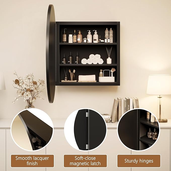 Black Medicine Cabinet Mirror, Wall Mounted Bathroom Vanity with Mirror, 23.2" Round Bathroom Medicine Cabinet with Storage Function, Removable Shelves, Metal, NO Assembly