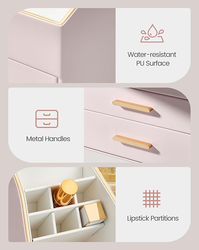 Lolalet Makeup Organizer with Drawers, PU Leather Spacious Skincare Holder Lipsticks Perfume Brushes Beauty Essentials Display Case for Vanity Dresser Countertop Bathroom Easy to Clean -Pink