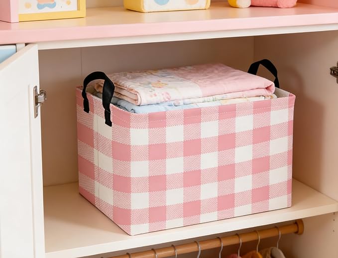 Rectangular Kids Baskets Pink Basket Cute Storage Bins Organizer Box Boys Room Decor for Home.(Pink grid)