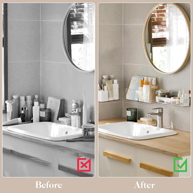 PAVSTINE 2 Pcs Clear Shower Shelf, Large Bathroom Wall Mounted Shower Caddy, No Drill Self Adhesive Bathroom Organizer with Self Adhesive Tape