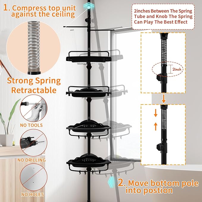 Rustproof Shower Caddy Tension Pole Corner Shower Caddy Organizer 4 Tier Adjustable Shelves with Tension Pole and Large Capacity for Bathtub Shampoo Accessories Storage Rack 38.8-122.7inch