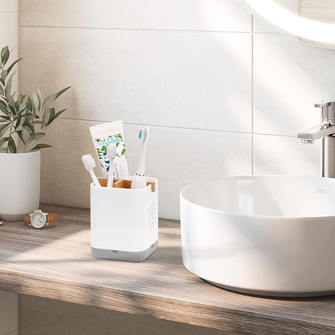 Boperzi Toothbrush and Toothpaste Holder with Bamboo Divider for Bathroom Countertop Organizer, Plastic Detachable Anti-Slip Large Electric Toothbrush Holders Storage Caddy Drainage for Family, Kids