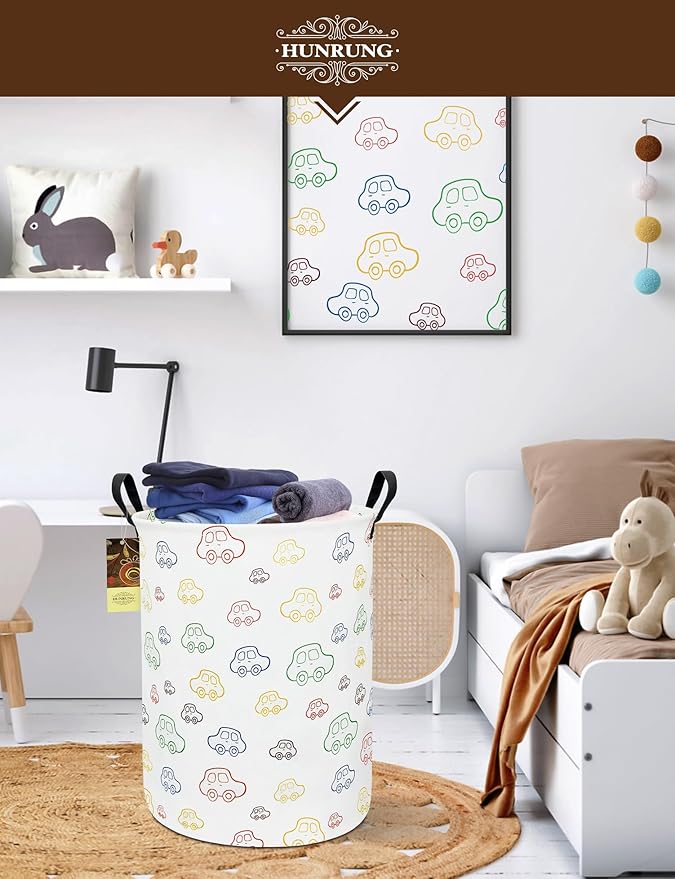 HUNRUNG Laundry Hamper,Large Canvas Fabric Lightweight Storage Basket Toy Organizer Dirty Clothes Collapsible Waterproof for College Dorms???Round-Car???