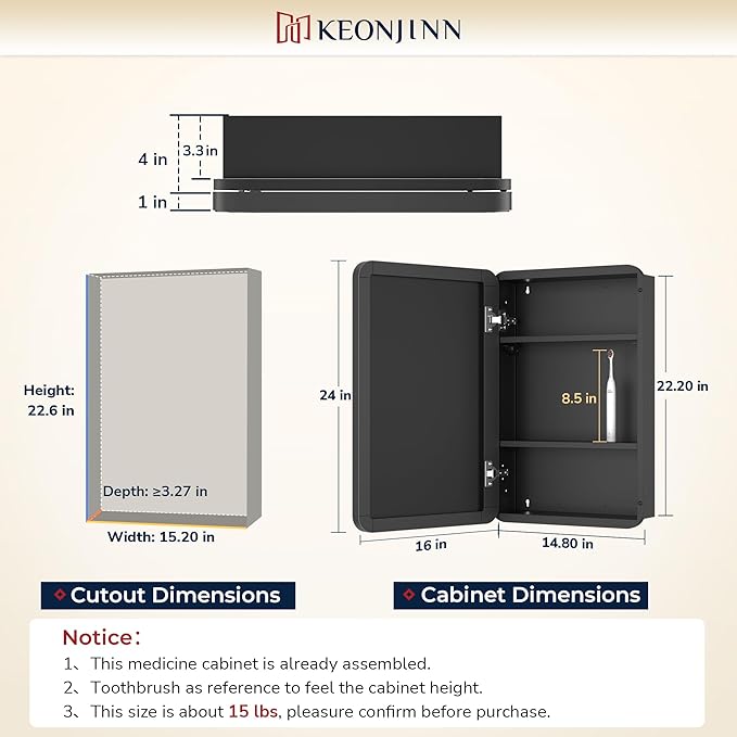 Keonjinn Gold Bathroom Medicine Cabinet with Mirror 16 x 24 Inch, Small Brushed Brass Medicine Cabinet, Stainless Steel Framed, Stepless Adjustable Shelves, DTC Hinges, Recessed or Surface Mount