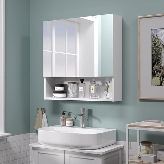 Bathroom Cabinet with Mirror, Wall Cabinet with 2 Mirrored Doors, Adjustable Shelf, Open Compartment, Wall-Mounted, 24x24 Inches, White (Assembly Required)