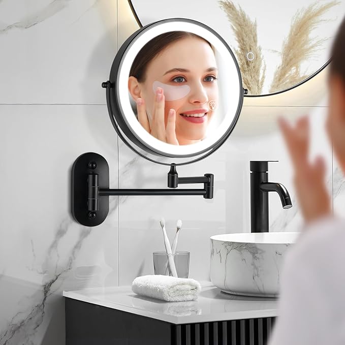 GREENFROM Magnifying Mirror with Lights 1x/15x Rechargeable: 8.5 inch Wall Mounted Lighted Makeup Mirror for Bathroom