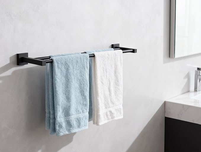 Double Black Towel Bar, 24 Inch Double Towel Racks for Bathroom, Wall Mounted Bathroom Towel Holder Stainless Steel Towel Rod Towel Rail Hanger for Wall,Matte Black