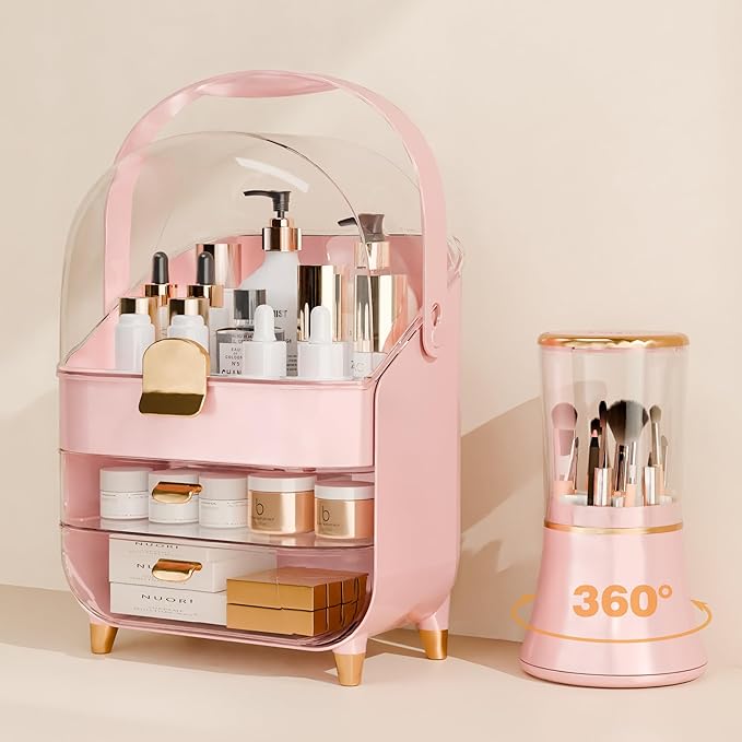 Makeup Organizer Countertop With Lid And Drawers Large Skin Care Cosmetic Display Case Holder for Vanity Desk Bathroom Storage Box,Pink With Brush Holder