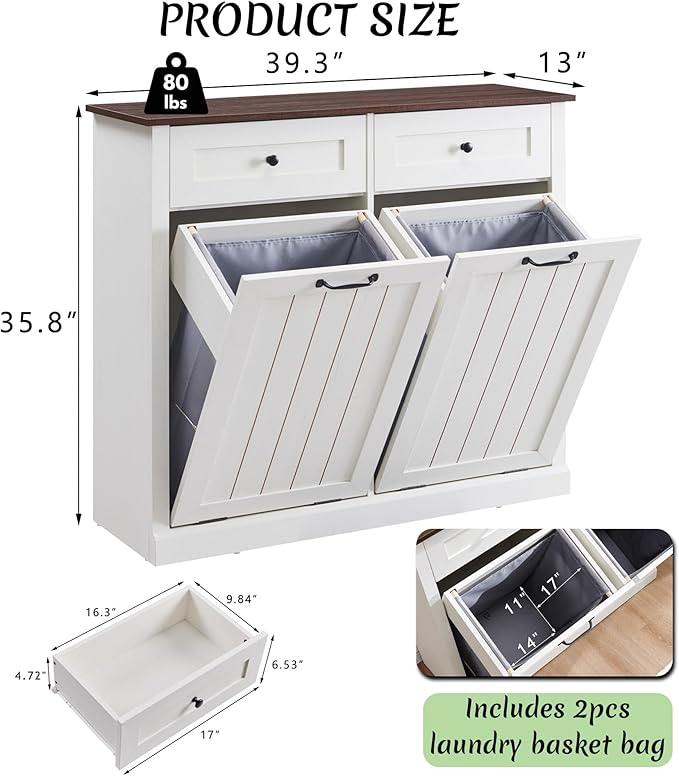 IFBUY Double Tilt Out Laundry Hamper Cabinet, 20 Gallon Farmhouse Trash Can Cabinet with Drawer, Hidden Wood Garbage Can Bin Cabinets with Laundry Storage Basket for Bathroom, Kitchen (Antique White)