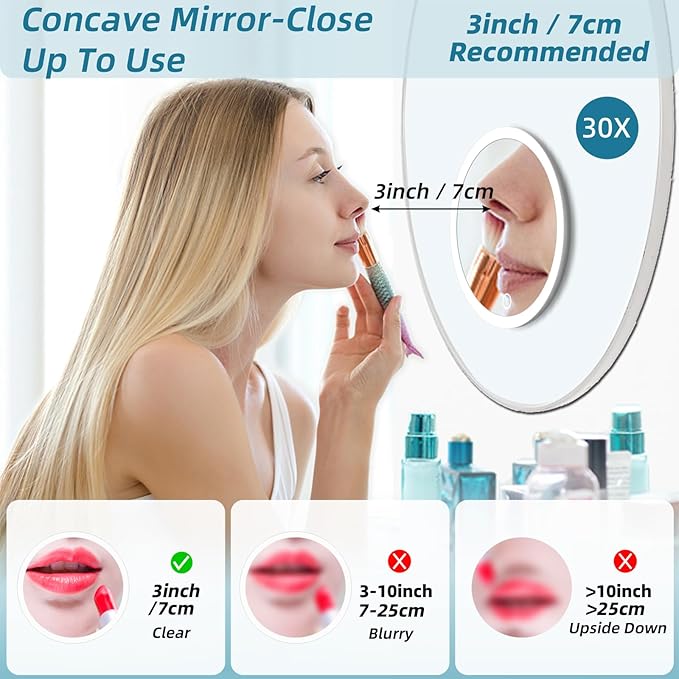 Magnifying Mirror with Light 30X, , Large 6" Rechargeable 3 Colors Modes Dimming Lighted Makeup Mirror with 30X Magnification, LED Travel Magnified Mirror with 3 Suction Cups and 360° Table Stand